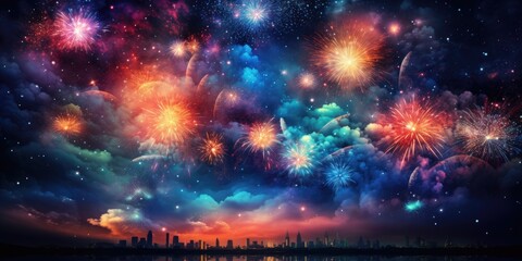 many bright fireworks and fireworks in the night sky, theme of holiday, Generative AI