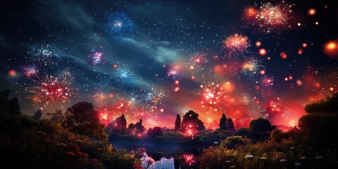 many bright fireworks and fireworks in the night sky, theme of holiday, Generative AI