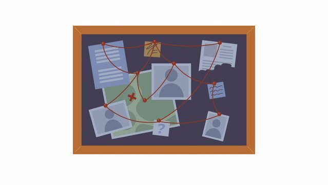 Evidence board with red strings 2D object animation. Crime accident investigation. Clues board flat cartoon 4K video, transparent alpha channel. Bulletin pinboard animated element on white background