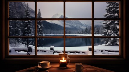  a window with a view of a snowy mountain lake and a lit candle on a table in front of it.  generative ai
