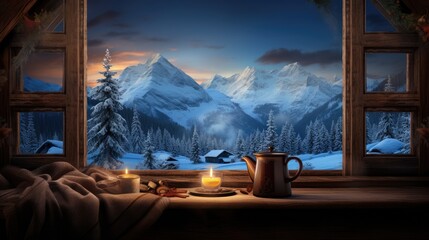 a window with a view of a snowy mountain and a teapot with a lit candle on a table in front of it.  generative ai