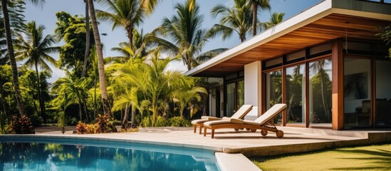 Contemporary villa with pool tropical garden featuring palm trees and tourist hostel