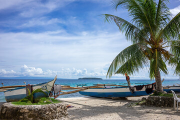 Tropical beach setting with traditional boats anchored ashore. Vivid blue skies complement the serene sea view with a lush palm tree in the foreground