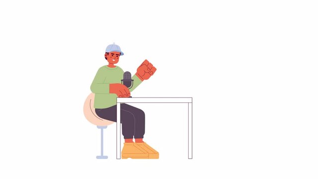 Baseball cap man speaking into microphone podcast 2D character animation. Casual clothing male sitting at table flat cartoon 4K video, transparent alpha channel. Animated person on white background