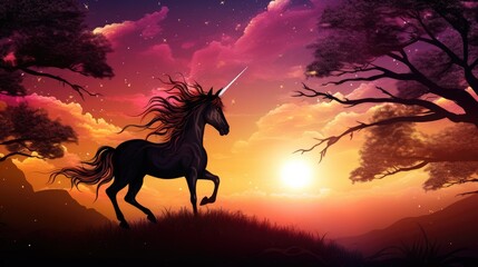 Obraz na płótnie Canvas a painting of a unicorn on a hill with a sunset in the background and trees in the foreground, with the sun in the distance. generative ai
