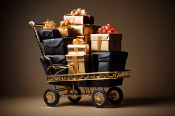 A bunch of black Christmas gifts with gold ribbons. Realistic black gifts boxes for Black Friday sale.