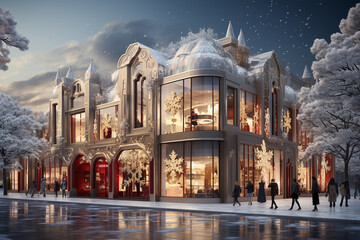 Futuristic beautiful hollidays, red christmass decoration, day time, white snow in the mountain with decorative Christmas trees and gifts inside, futuristic sky background. AI Generative