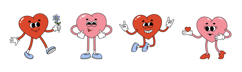 WebSet of groovy hippie heart characters. Cartoon characters in trendy retro style for Valentines day design. Love concept. Isolated vector illustration