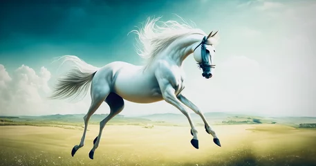 Foto op Canvas 草原に跳ねる白馬 © kudoh