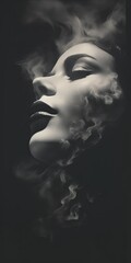  a black and white photo of a woman's face with smoke coming out of her mouth and a cigarette coming out of her mouth.  generative ai