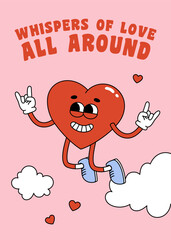 Card-2Valentine Day greeting card with groovy jumping heart character. Love concept. Template for poster, banner, invitation, greeting card. Vector illustration
