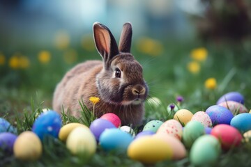 Fototapeta na wymiar Festive bunny with colorful eggs in grassy spring, celebrating Easter with cute decorations, chocolate, candy, and joy. Generative AI