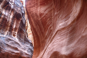 Kayon Sik. Close-up of the intricately shaped canyon walls and winding road. Petra Jordan