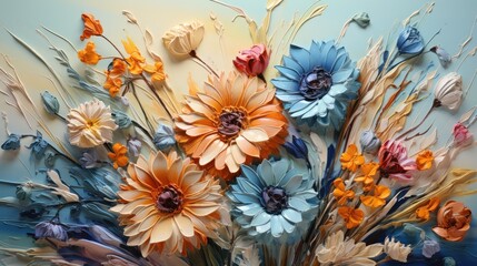  a close up of a bunch of flowers on a blue and white background with orange, blue, and yellow flowers. generative ai