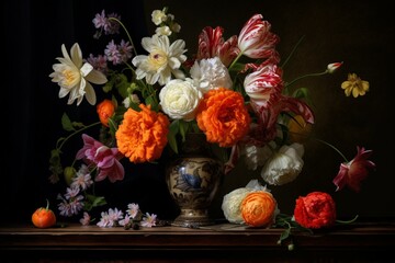 A vase of flowers on a wooden table beside another vase of flowers. Generative AI