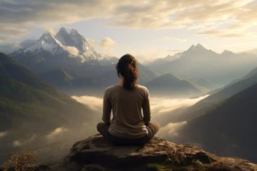 Foto auf Acrylglas A serene yoga session on a mountaintop, capturing a sense of peace, balance, and spiritual connection with nature. Generative Ai. © Sebastian