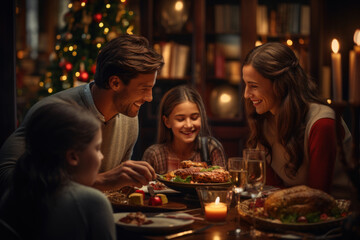 A heartwarming family gathering around a holiday dinner table, radiating love, unity, and festive cheer. Generative Ai.