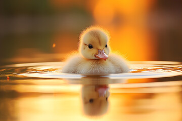 cute duckling bathing in the river on blurred background of sunlight - Powered by Adobe