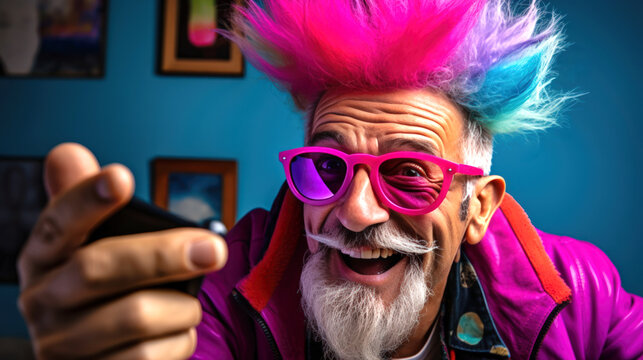 Cheerful elderly senior with multi-colored hair Iroquois takes a selfie on blurred background