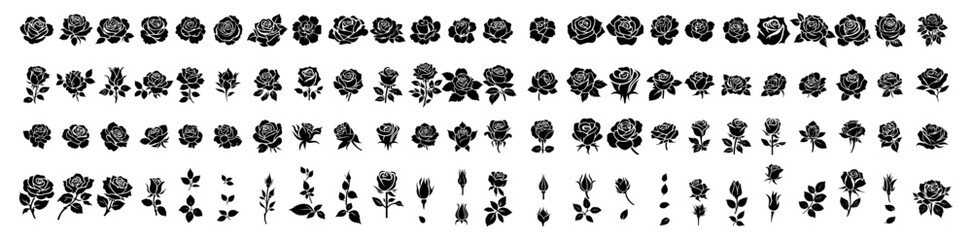 Rose silhouette on a transparent background, cut of a flower with buds and leaves, vector set for stencil - obrazy, fototapety, plakaty