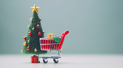 Holiday shopping concept with a decorated tree and presents in a cart.