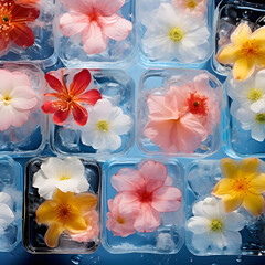 Red, yellow roses and white spring flowers frozen in ice cubes floating in water, abstract art AI concept.
