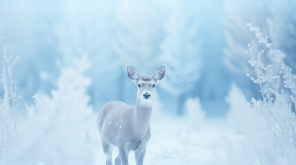 Delicate deer in a winter wonderland, glancing with innocence against a backdrop of icy trees.