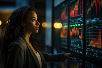 Female financial analysts, trader and broker working with multi monitor workstations with real time stocks, crypto and exchange market charts - obrazy, fototapety, plakaty