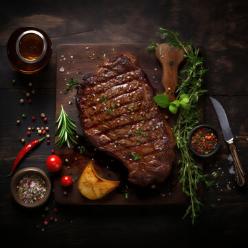 Grilled beef steak with spices and herbs on wooden background. Top view, copy space