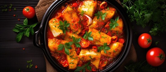 Cod traditionally prepared the Spanish way accompanied by boiled potatoes olivki and basil all...