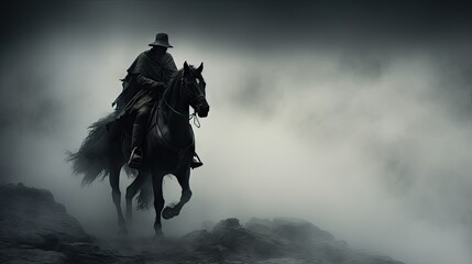 Obraz premium a man riding on the back of a black horse in a foggy field with a gun in his hand. generative ai