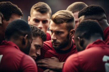 Fototapeta premium A sports team huddled together before a game, demonstrating teamwork and camaraderie. Generative Ai.