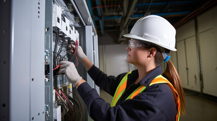 Female, an electrical technician working in a switchboard with fuses.


