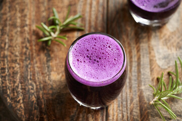 Fresh purple cabbage juice in a glass shot