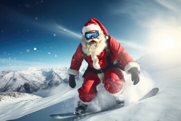 Un Père Noël qui fait du snowboard en haute montagne - obrazy, fototapety, plakaty