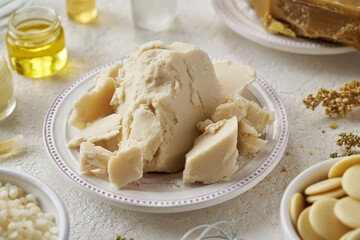 Shea butter with bees wax, essential oils and cocoa butter - ingredients for natural cosmetics