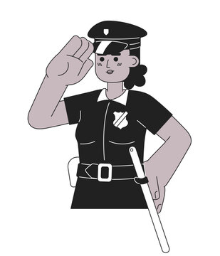 Detective police officer african american woman black and white 2D cartoon character. Black cop policewoman isolated vector outline person. Constable saluting monochromatic flat spot illustration