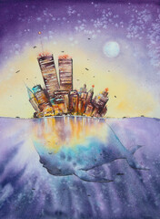 Island with city on the back of a whale. Starry sky with full moon in background. Picture created with watercolors. - 671815730
