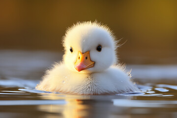 cute duckling bathing in the river on blurred background of sunlight - obrazy, fototapety, plakaty