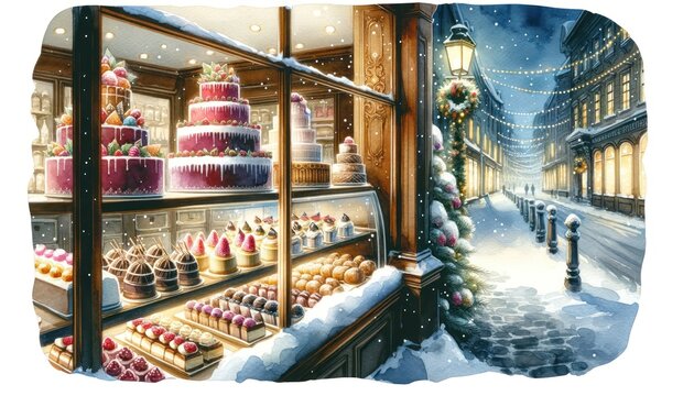 Watercolor painting of an interior view of a sweet shop, showcasing an array of festive desserts behind a glass window. Outside, there's a snow-covered street with no people.