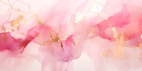 Pink watercolor splashes mixed with golden geometrical lines, abstract background