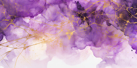 Purple watercolor mixed with golden geometrical lines, abstract background