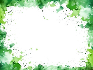 Green watercolor splashes frame with white copy space for text, abstract background