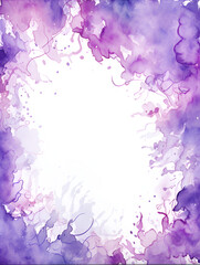 Purple watercolor splashes frame with white copy space for text, abstract background
