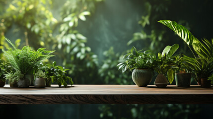 wood table green wall background with sunlight window create leaf shadow on wall. generative ai