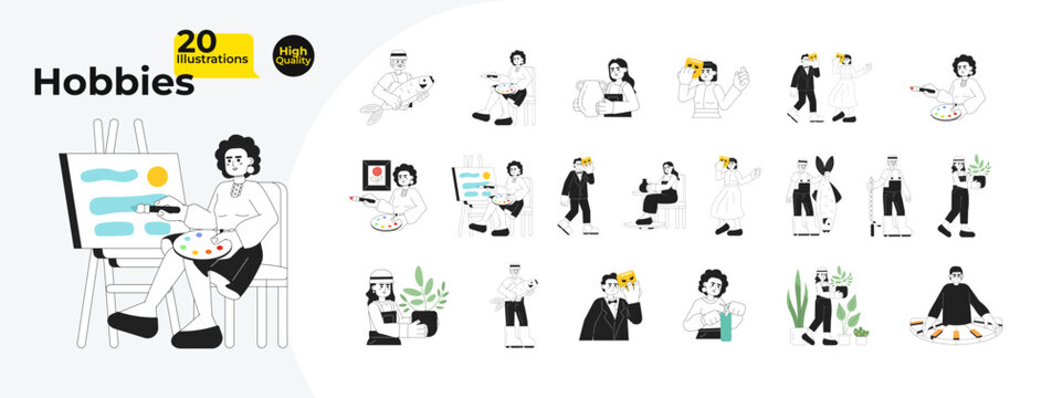 Hobbies leisure activity black and white cartoon flat illustration bundle. Hobbyists diverse people linear 2D characters isolated. Painter, actor, fisherman monochromatic vector image collection