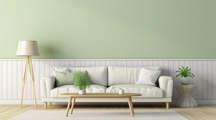 modern living room with pastel green wall, sofa table. interior design in green studio generative ai