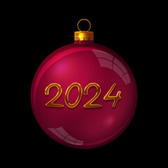 New Year 2024 sign on red Christmas ball background.