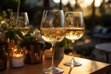 a couple of glasses of white wine on the table of a street restaurant in the evening
