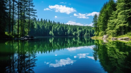 Obraz premium a body of water surrounded by trees and a blue sky with a few clouds in the sky and a few clouds in the water. generative ai